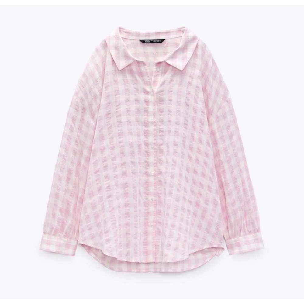 Zara Oversized Button Down Shirt Women XS Pink White Gingham High Low Gauzy Boho - Picture 2 of 11